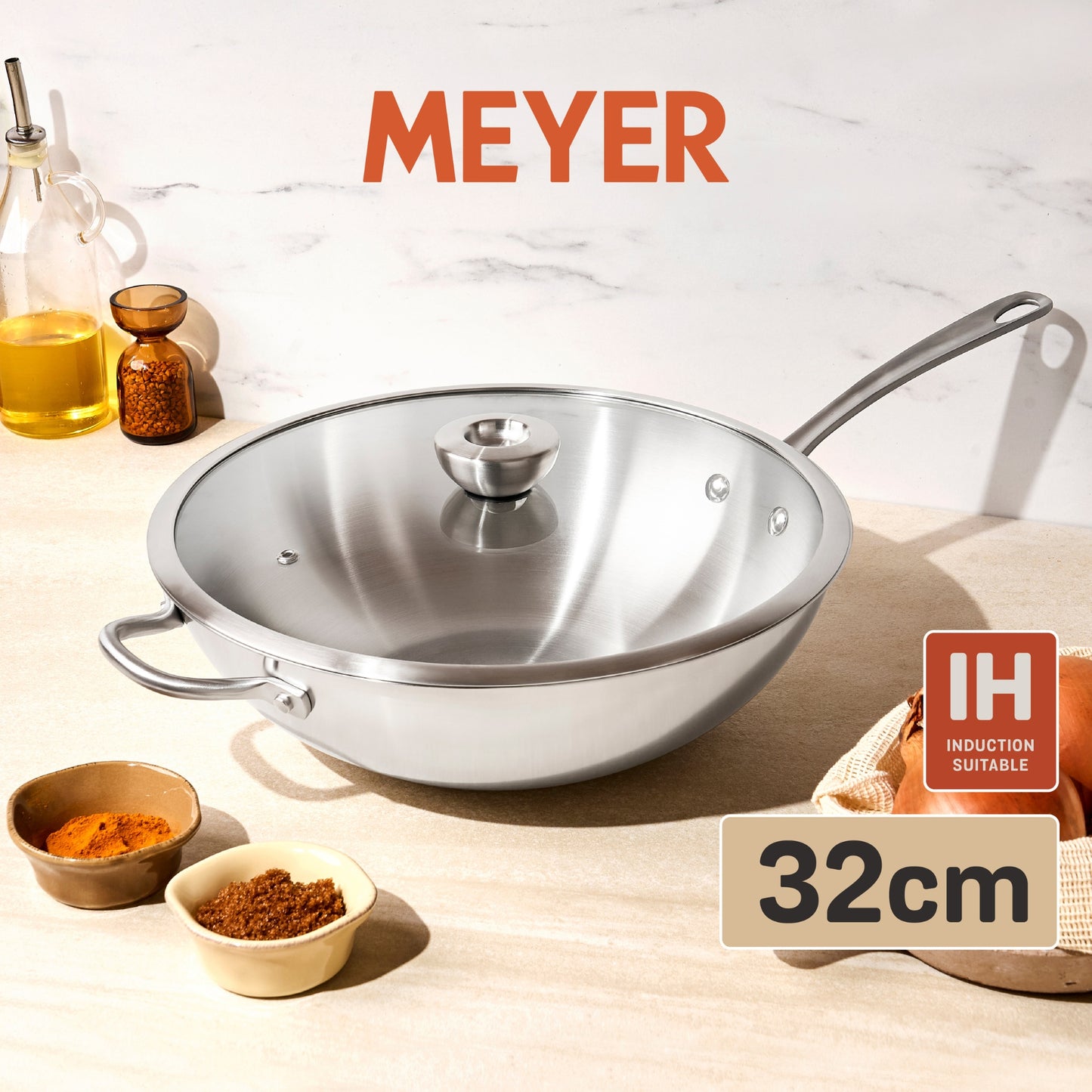 Meyer White Steel Stainless Steel Induction Stirfry With Glass Lid 32cm