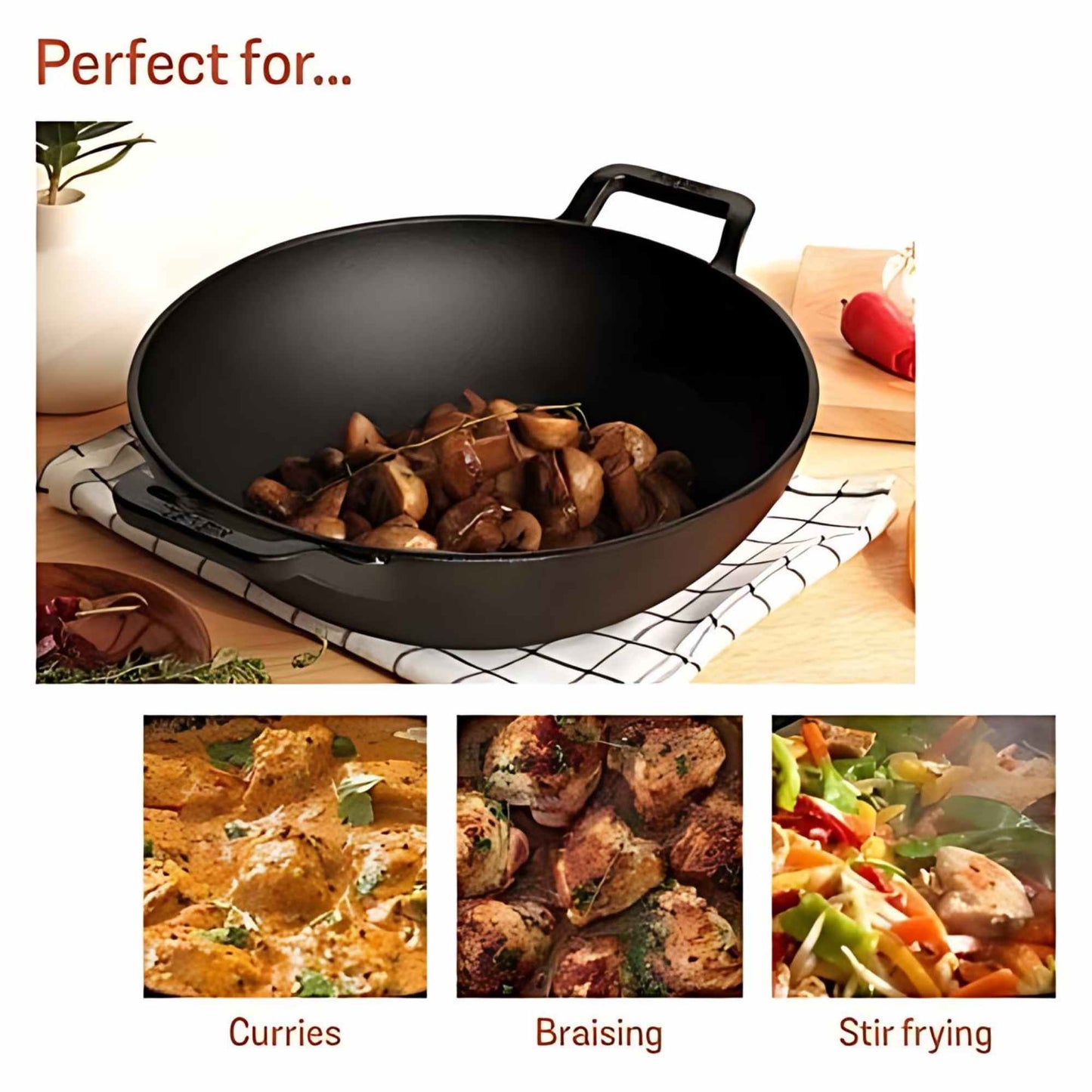Meyer Pre-Seasoned Cast Iron Induction Covered Wok/Kadai 30cm