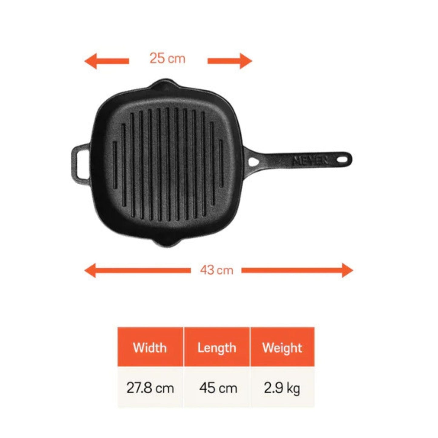 Meyer Pre-Seasoned Cast Iron 25cm Grill Pan dimensions and weight