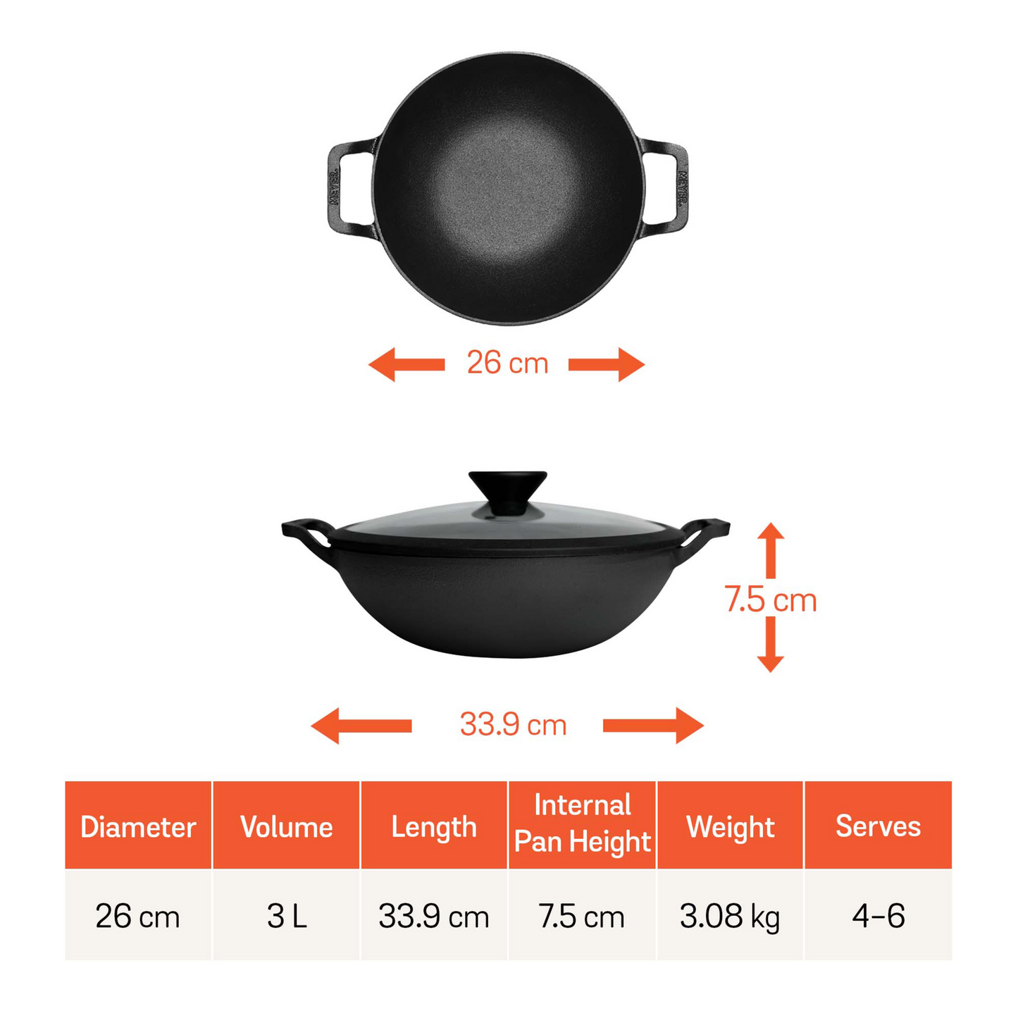 Meyer Pre-Seasoned Cast Iron Induction Covered Wok/Kadai 26cm