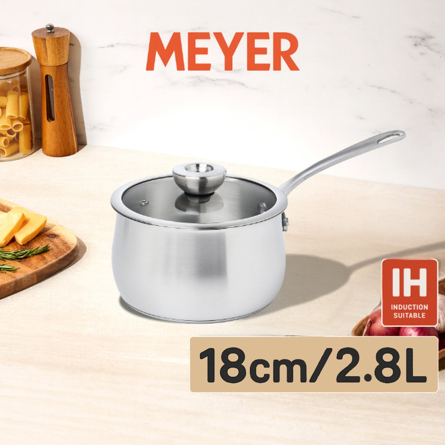 Meyer White Steel Stainless Steel Induction Saucepan With Glass Lid 18cm