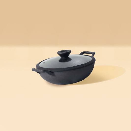 Meyer Pre-Seasoned Cast Iron Induction Covered Wok/Kadai 30cm