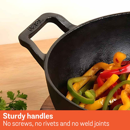 Meyer Pre-Seasoned Cast Iron Induction Covered Wok/Kadai 30cm