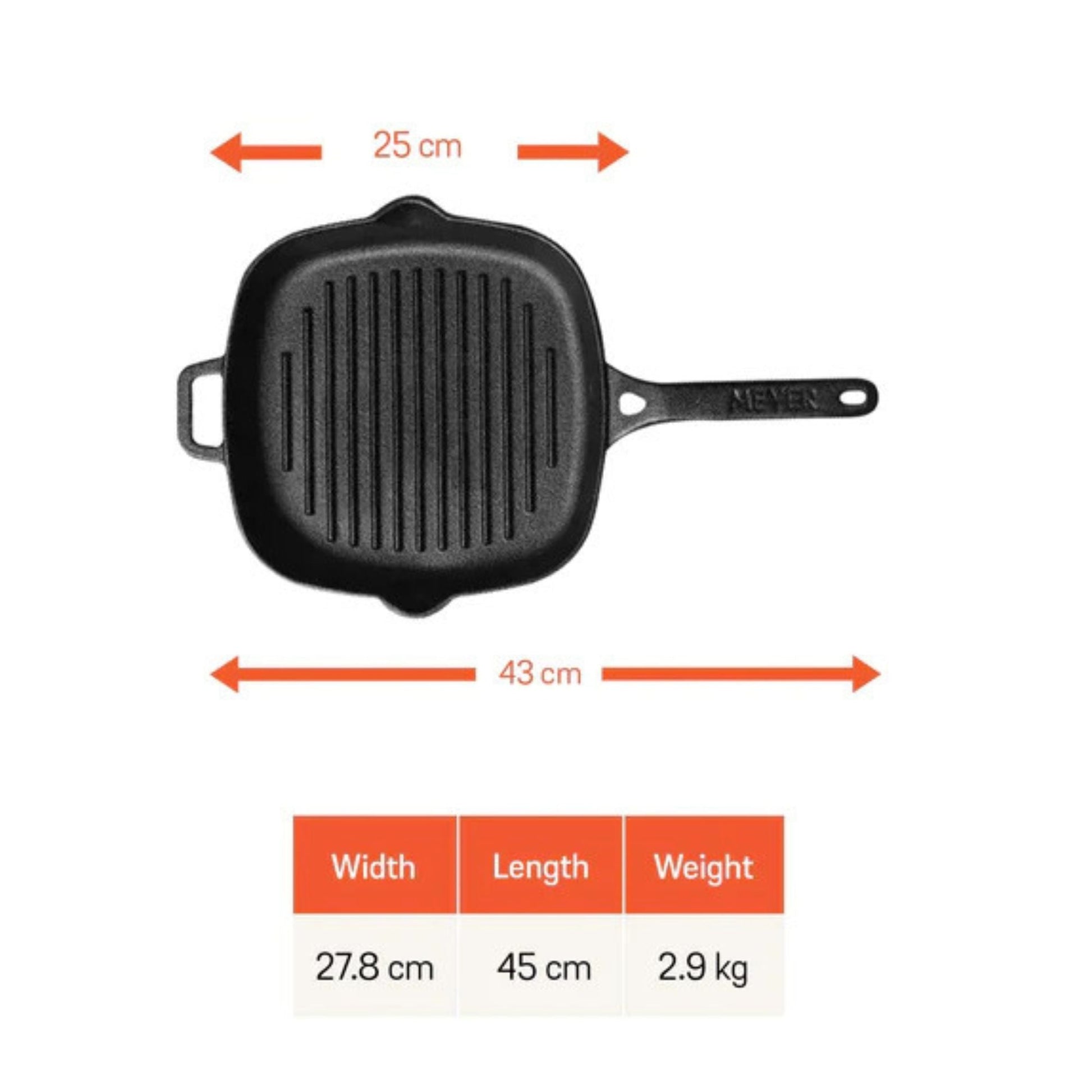 Meyer Pre-Seasoned Cast Iron 25cm Grill Pan dimensions and weight