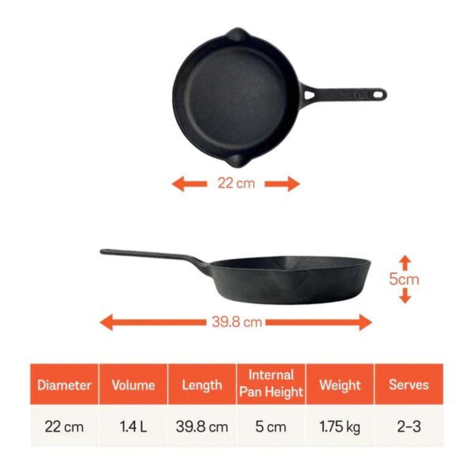 Meyer 22cm cast iron skillet dimensions and specifications table