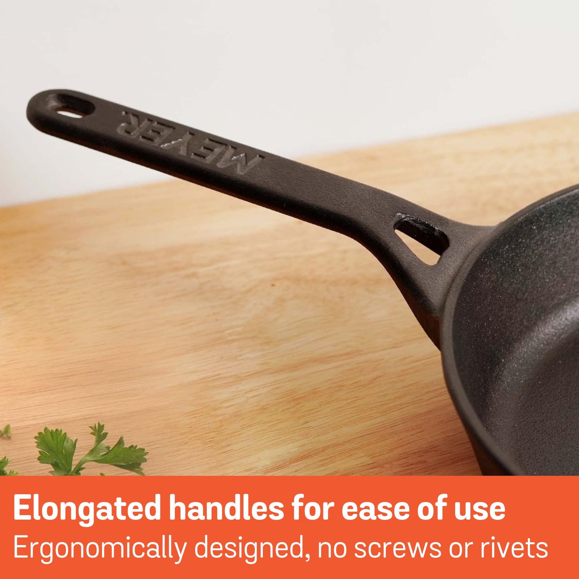 Meyer Cast Iron skillet handle detail, elongated ergonomic design, no rivets