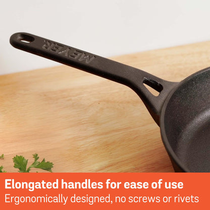 Meyer Cast Iron skillet handle detail, elongated ergonomic design, no rivets