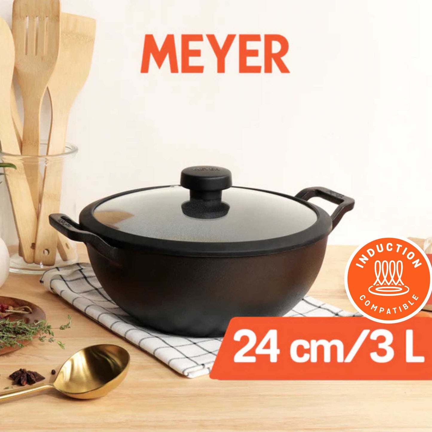 Meyer Pre-Seasoned Cast Iron Induction Deep Wok/Kadai 24cm