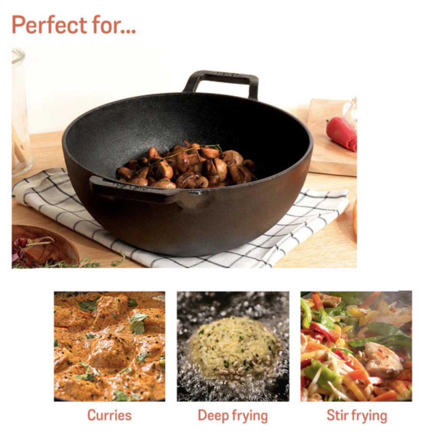 Meyer Pre-Seasoned Cast Iron Induction Deep Wok/Kadai 24cm