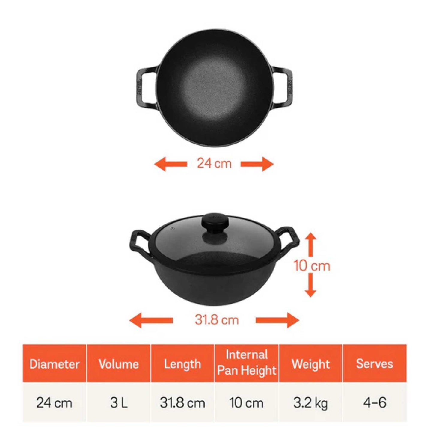 Meyer Pre-Seasoned Cast Iron Induction Deep Wok/Kadai 24cm