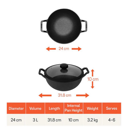 Meyer Pre-Seasoned Cast Iron Induction Deep Wok/Kadai 24cm